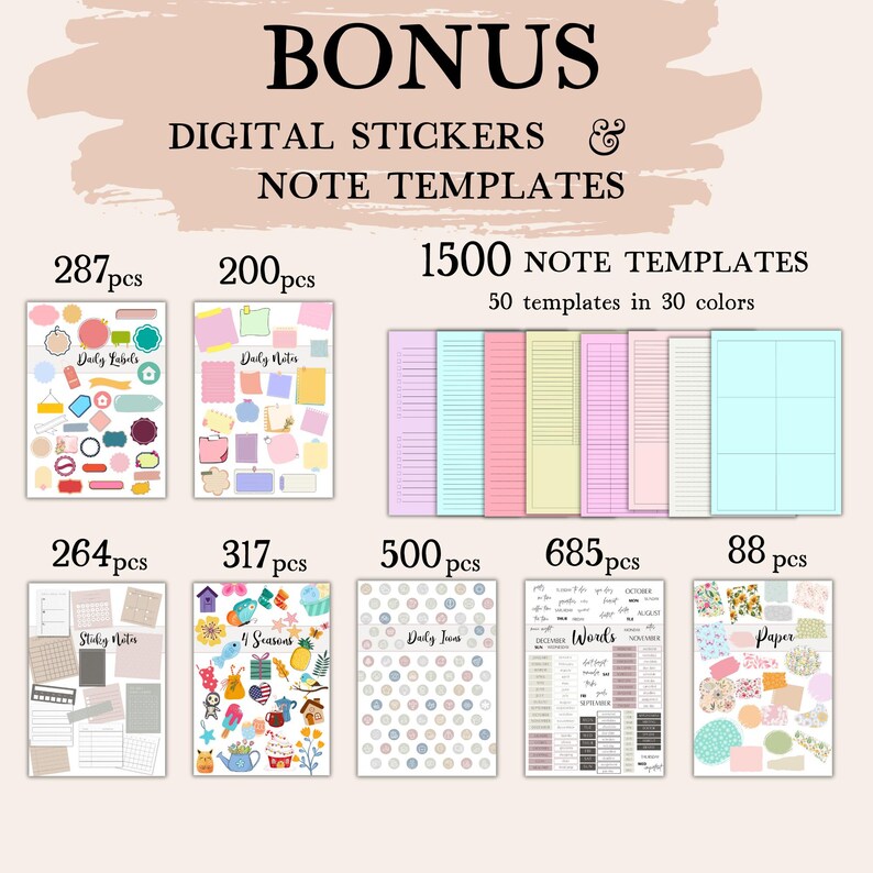 May include: A set of digital stickers and note templates for digital planners. The stickers include a variety of designs, such as daily labels, sticky notes, and four seasons. The note templates include 1500 templates in 30 colors.