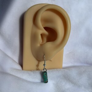 Pode incluir: Um &uacute;nico brinco com um gancho prateado e uma conta cil&iacute;ndrica de pedra turquesa e castanha. O brinco &eacute; exibido em um modelo de orelha bege, contra um fundo branco texturizado. Uma joia simples e elegante.