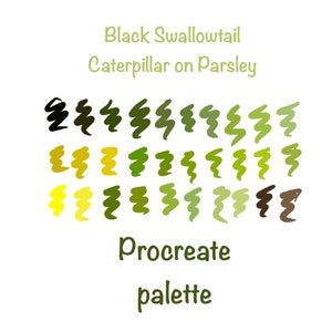 May include: A digital colour palette for Procreate, featuring shades of green, yellow, and brown. The palette is titled "Black Swallowtail Caterpillar on Parsley".