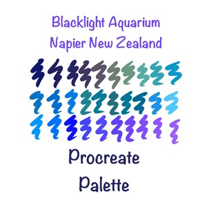 Puede incluir: Una paleta Procreate de tonos azules, verde azulado y morados, con el texto "Blacklight Aquarium Napier Nueva Zelanda" y "Paleta Procreate" en morado.