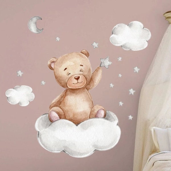 Wandaufkleber Kinderzimmer Schlafen Teddybär Sterne Wolken Junge Mädchen Wandtattoo Kinder Wandsticker Aufkleber selbstklebend Baby Bär