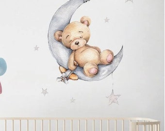 Wandaufkleber Bär auf dem Mond Wandtattoo für Kinderzimmer Teddybär mit Sterne Wandsticker Babyzimmer