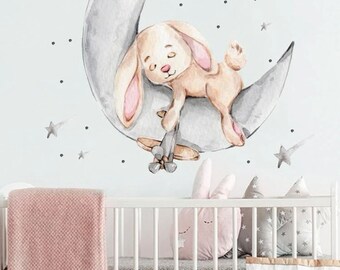 Wandaufkleber Hase Häschen Mond Wandtattoo Kinder Wandsticker selbstklebend