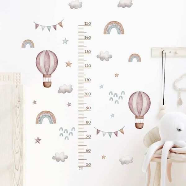 Wandaufkleber Maßband, Zentimetermaß Kinderzimmer Junge Mädchen Messlatte Wandtattoo Kinder Körpergröße Wandsticker Ballon - Creme Pastell