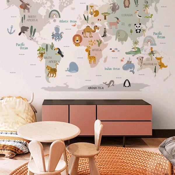 Wandaufkleber Kinderzimmer Safari Tiere Weltkarte junge Wandtattoo Kinder Wandsticker Aufkleber selbstklebend