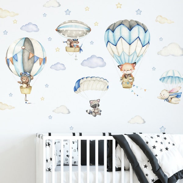 Wandaufkleber Kinderzimmer Bär Fuchs waschbär fliegen Heißluftballon Junge Wandtattoo Kinder Wandsticker Aufkleber selbstklebend