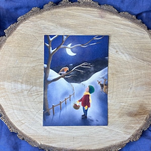 Winterwald Postkarte Illustration Reh Mond Schnee Kind Weihnachtskarte Advent Jahreszeitentisch Deko Tiere