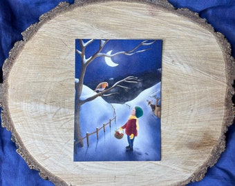 Winter Forest Postcard Illustration Deer Moon Snow Child Christmas Card Advent Seasonal Table Decoration Animals