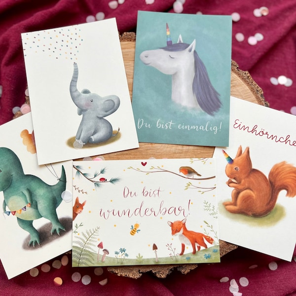 Postkartenset „Kinder“ | 5 außergewöhnliche,liebevoll illustrierte Motive für alle Gelegenheiten. Dino, Wald, Einhörnchen, Einhorn, Elefant