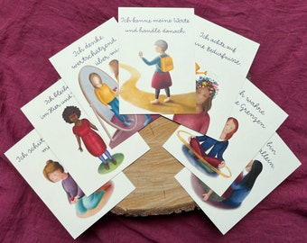 Affirmation card set for adults. For private use or for coaching + therapy. Lovingly illustrated & with texts and impulses