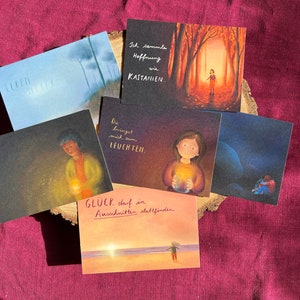 Postkartenset "Hoffnung, die leuchtet" | 6 Illustrationsmotive über Licht, Schatten und das Dazwischen.