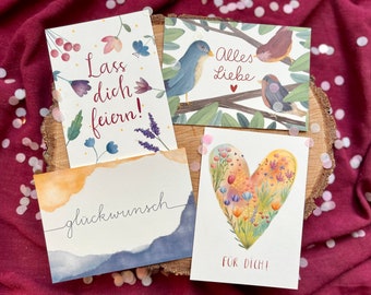 Postcard set "Congratulations Adults" | 4 lovingly illustrated motifs for birthdays or just like that. Birds, heart, flowers, plain.