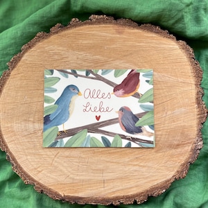 Postkarte „Zwitschergrüße“ | Drei Vögel im Baum mit Text „Alles Liebe“ - für Geburtstag, Gratulation oder einfach so!