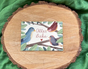 Postkarte „Zwitschergrüße“ | Drei Vögel im Baum mit Text „Alles Liebe“ - für Geburtstag, Gratulation oder einfach so!