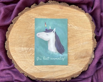 Postkarte „Du bist einmalig!“ | Ein Einhorn für Kinder, Erwachsene und alle, die hören sollen, dass sie einmalig sind.