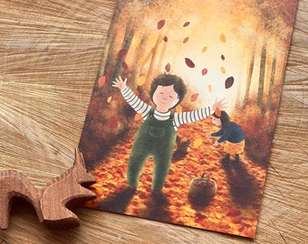 Herbstgold | Postkarte A6 Jahreszeitenmotiv Illustration Jahreszeitentisch Waldorf handmade Herbst Kind Bild Geschenk Deko Wald
