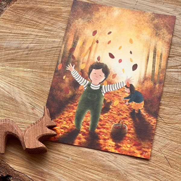 Herbstgold | Postkarte A6 Jahreszeitenmotiv Illustration Jahreszeitentisch Waldorf handmade Herbst Kind Bild Geschenk Deko Wald