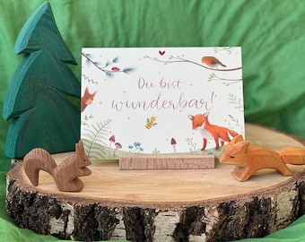 You're Marvellous! Illustrated postcard with forest and meadow motifs & lettering. Fox birthday gift friendship children's room decoration
