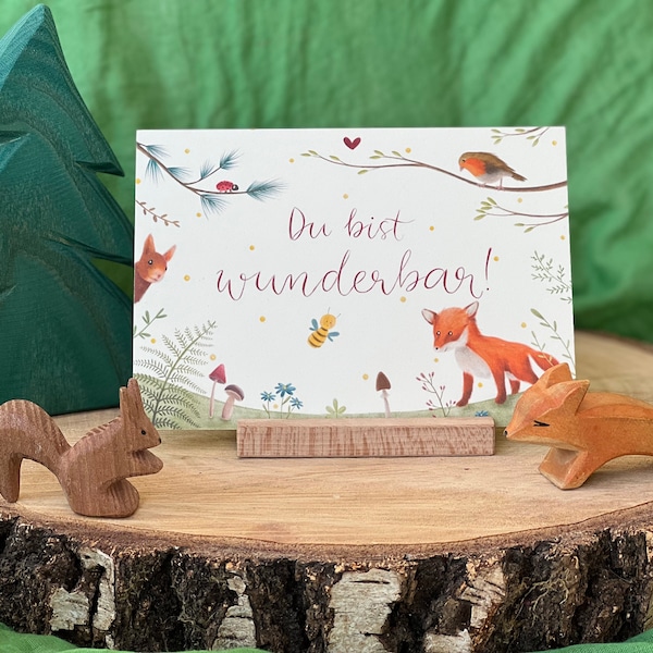 You're Marvellous! Illustrated postcard with forest and meadow motifs & lettering. Fox birthday gift friendship children's room decoration