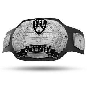 Fantasy Football Championship Belt – 12-Year Perpetual – 6lb Belt with 5 Silver Chrome Plates and Engineered Leather – Customizable Option