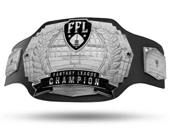 Fantasy Football Championship Belt – 12-Year Perpetual – 6lb Belt with 5 Silver Chrome Plates and Engineered Leather – Customizable Option