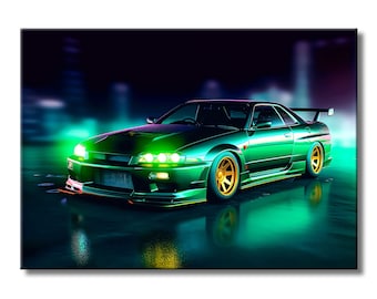 Arte de pared de metal con diseño de coche de carreras Skyline verde / Arte de Nissan Skyline - Arte moderno del Skyline GTR / Arte de pared Nissan Skyline R34 Skyline GTR / WallSmack