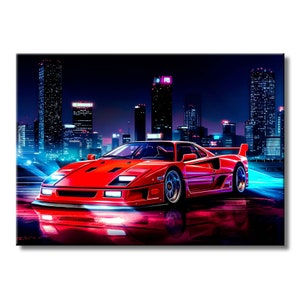 Arte de Ferrari, Ferrari F40 City Skyline - Arte de pared de metal - Arte de Ferrari F40, Ferrari F40 rojo moderno, arte de pared - Arte de pared retro de Ferrari / WallSmack