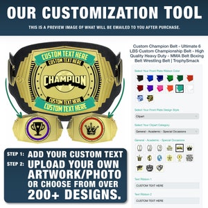 May include: A black and gold championship belt with a green and gold center plate that says "Champion". The belt has customizable text ribbons and a selection of clipart designs to choose from.