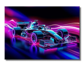 May include: A vibrant digital artwork of a Formula 1 race car. The car is rendered in shades of blue and black, with neon pink accents outlining the wheels and body. The background features streaks of pink and purple light.