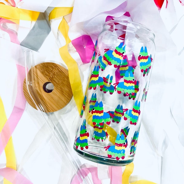 PINATA Glass Beer Can | Glass Can | Spring Glass Can | Glass Coffee Cup | Glass Tumbler | Spring | Cinco de Mayo | Gift for Her