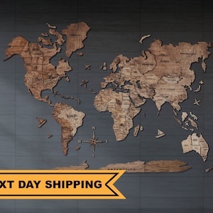 3D Wood World Map Wall Art, Modern Home Living Room Decor, Push Pin Map Travel Map, New Home Gifts for Couple Anniversary Wedding, Walnut