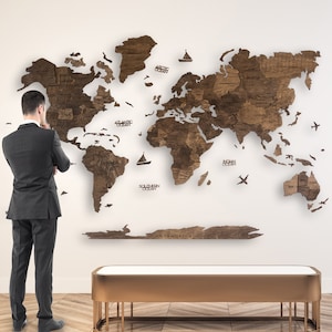 Wood World Map 3D Classic Stylish Wall Art Countries Capitals Boats Airplane Interactive Push Pin Travel Adventure Marker Map