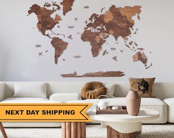 PLACE WEVE BEEN Map Wood Wall Art Push Pin Map Handmade Gift Large World Map Home Furniture & Decor 3D Wood Map Gift for Couple Anniversary