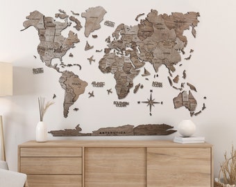 Wood World Map 3D Classic Stylish Wood Wall Art Countries Capitals Boats Airplane Interactive Push Pin Travel Adventure Marker Map