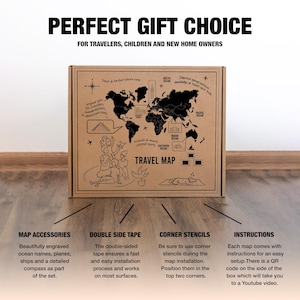 May include: A cardboard box featuring a world map design, labelled "TRAVEL MAP". The box includes accessories, double-sided tape, corner stencils, and instructions. The text at the top reads "PERFECT GIFT CHOICE FOR TRAVELERS, CHILDREN AND NEW HOME OWNERS."