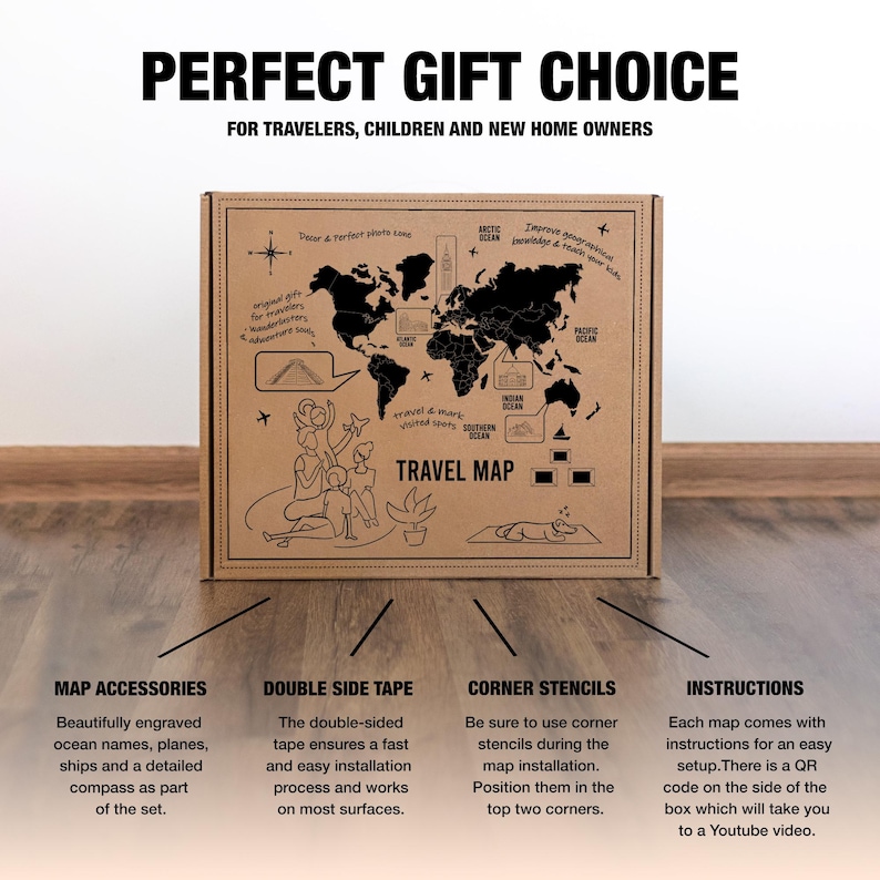 May include: A brown cardboard box with a world map printed on it. The box contains a travel map with a compass, stencils, and double-sided tape. The text on the box reads "Perfect Gift Choice for Travellers, Children and New Home Owners".