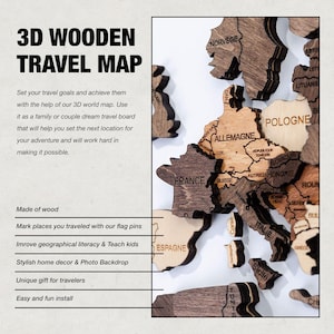 May include: A wooden 3D travel map of Europe, including France, Italy, and Germany, with the text "3D Wooden Travel Map." The map is made of wood and is designed for marking travel destinations with flag pins.
