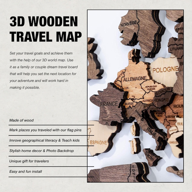 May include: A wooden 3D travel map of Europe, including France, Italy, and Germany, with the text "3D Wooden Travel Map." The map is made of wood and is designed for marking travel destinations with flag pins.