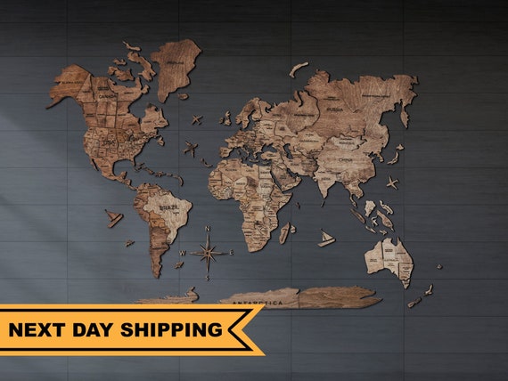 3D Wood World Map Wall Art, Modern Home Living Room Decor, Push Pin Map Travel Map, New Home Gifts for Couple Anniversary Wedding, Walnut