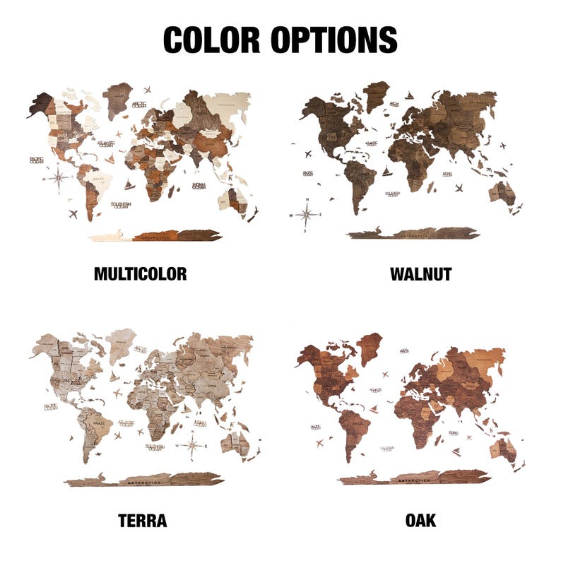 May include: Four wooden world map wall art options: Multicolor, Walnut, Terra, and Oak. Each map shows detailed country outlines, compass rose designs, and the text "COLOR OPTIONS" at the top.