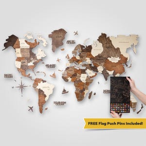 May include: A multi-layered wooden world map wall art featuring various shades of brown and beige wood tones. The map includes labeled continents, oceans, and countries, along with decorative wooden airplanes, ships, and a compass rose.