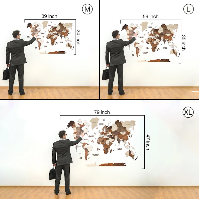 May include: Wooden world map wall art in three sizes: M (99 cm wide, 61 cm high), L (150 cm wide, 89 cm high), and XL (201 cm wide, 120 cm high). The map features various wood tones and is mounted on a white wall.