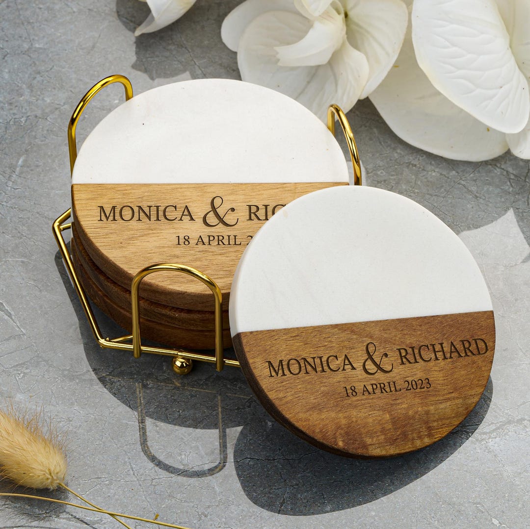 Personalized Marble & Wood Coaster Set With Holder | Custom Engraved ...