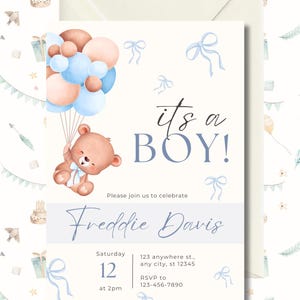 It's a Boy Baby Shower Invitation: Editable Bear Template (Digital Download)
