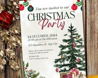 May include: A Christmas party invitation with a watercolor illustration of a Christmas tree, presents, and ornaments. The invitation includes the date, time, and location of the party. It also includes a contact email address and phone number.