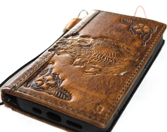 Vintage Tan Leather iPhone Wallet Case: Stamped Eagle Design