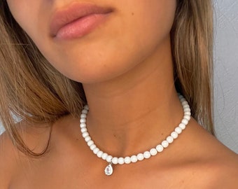 Schmuck Choker Halskette Versilbert 925 Schmuck Weiß Perlen Tropfen-Art-Weinlese neue Frauen Schmuck