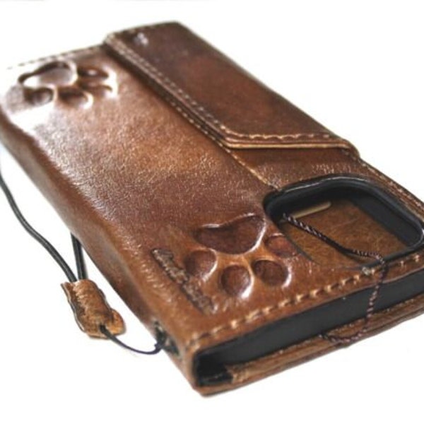 Genuine Leather Case Wallet For Apple iPhone 11 12 13 14 15 Pro Max 6 7 8 plus SE 2020 XS  Book Paw Stamping DogVintage Style ID Window Card
