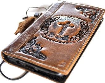 Genuine Leather case For Galaxy S21 S22 S23 S24 A53 Ultra FE Note 10 20 Ultra Handmade Wallet Card Jesus Cross Design Wireless Charge