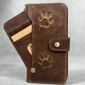Portafoglio in vera pelle fatto a mano per Galaxy Z Fold 2 3 4 5 6 7, stile Bibbia, porta carte di credito, copertina Z FOLD realizzata a mano con stampa a zampa di cane.